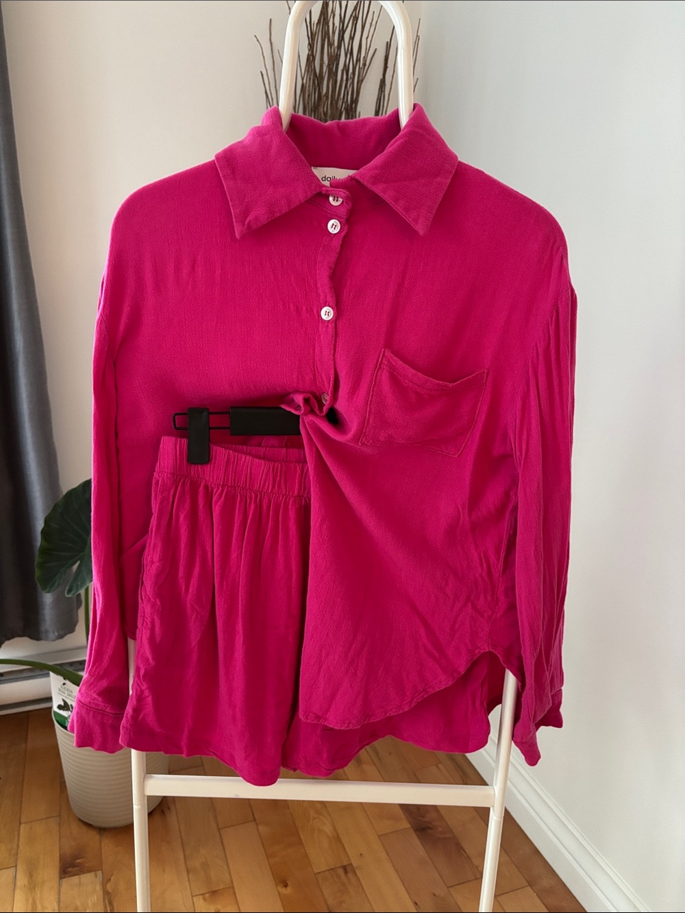 Women's Vibrant Fuchsia Drop Shoulders Button-Up Shirt with Coordonated Short
